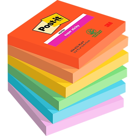 A stack of Post-it sticky notes in various colors, with logo and text.