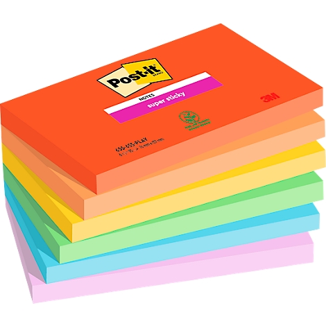 A stack of colorful Post-it notes, orange on top, with "Post-it" and "super sticky" printed on them. Seven different colors are visible.