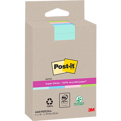 Kartonnen doos met Post-it notes, gemarkeerd met 'Super Sticky' en '100% gerecycled papier'.