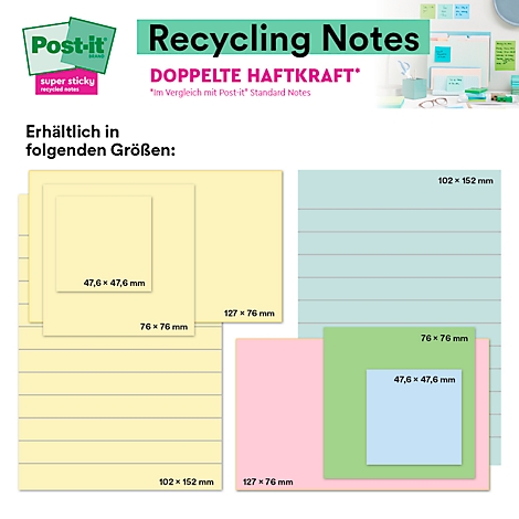 Post-it plaknotities in grijze verpakking, geel. Gedrukt: Super Sticky, 100% gerecycled papier.