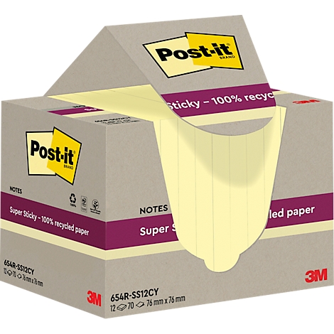 Geopende Post-it notes doos. Beige doos met gele plaknotities. Inscriptie: Super Sticky - 100% gerecycled papier.