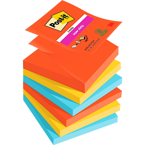 Stack of multi-colored Post-it notes: orange, yellow, and blue. Top with product info.