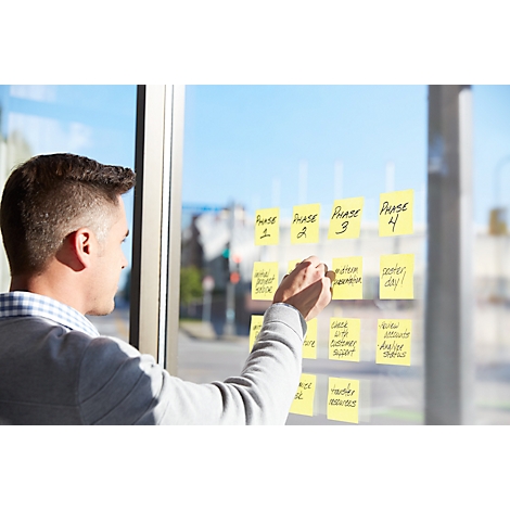 Een man plakt memoblaadjes op een glazen wand. De notities vermelden fasen en taken zoals projectplanning. Klaar?