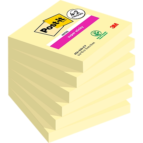 Ein Stapel gelber Post-it-Zettel. Auf dem obersten Zettel steht 'Post-it' und 'super sticky'.