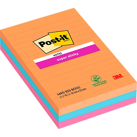 Ein Block Post-it Haftnotizen in Orange, Pink und Blau. Aufschrift: super sticky.