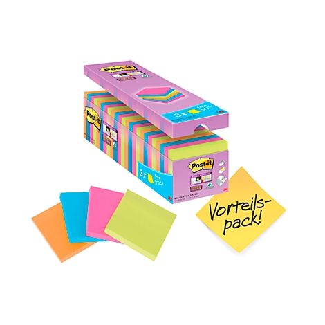 Bloc-notes Post-it dans un emballage, différentes couleurs, plus une note jaune avec "Vorteilspack!".