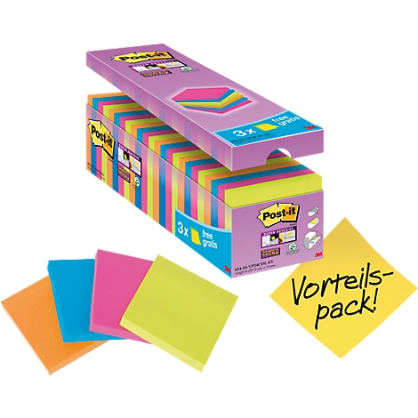 Gekleurde Post-it notes, deels uit de verpakking gehaald. Op een gele notitie staat 'Vorteilspack!'