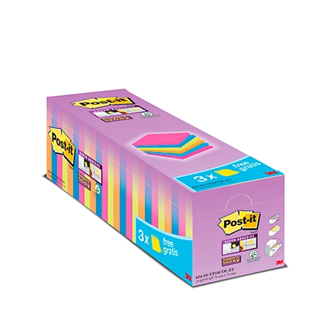Paarse Post-it notitiebox met kleurrijke notities. Inscriptie: 3x gratis.