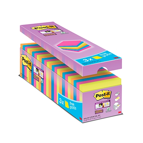 Post-it notitieblok met gekleurde vellen. De verpakking heeft een lichtpaarse tint met Post-it logo en 3x gratis notitie.