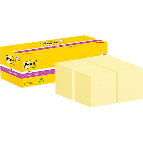 Gele Post-it notes, in een doos en in blokken. De doos is geel met paarse accenten en het logo.