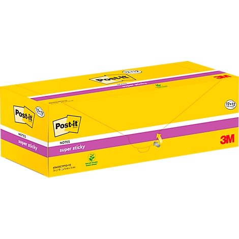 Boîte de notes autocollantes Post-it jaune avec un accent violet. Inscription : Post-it, super collant.