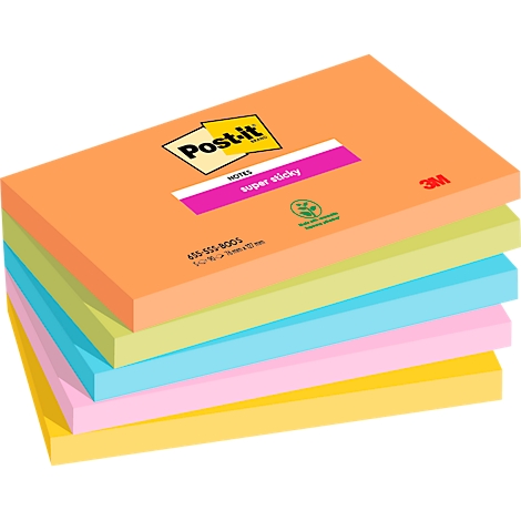 Une pile de Post-it de différentes couleurs. Orange, vert, bleu, rose et jaune, avec le logo Post-it.