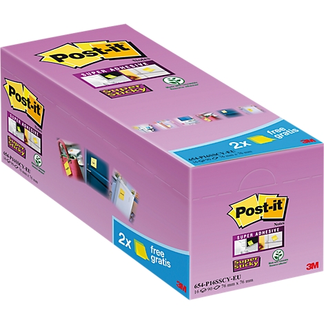 Een paarse doos met Post-it plaknotities. Op de doos staat "Post-it", "Super Adhesive" en "Super Sticky". Eén hoek zegt "2x gratis gratis".
