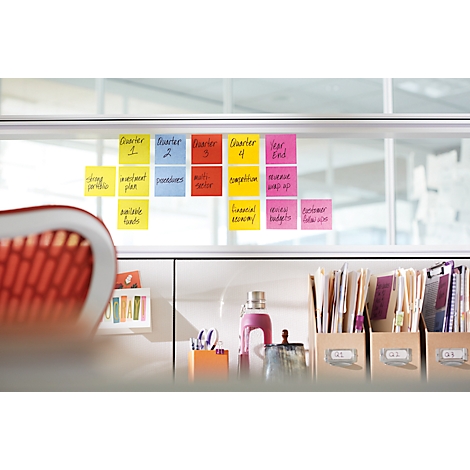 Des post-its colorés avec des plans trimestriels sur une paroi vitrée. Scène de bureau avec des dossiers, des stylos.
