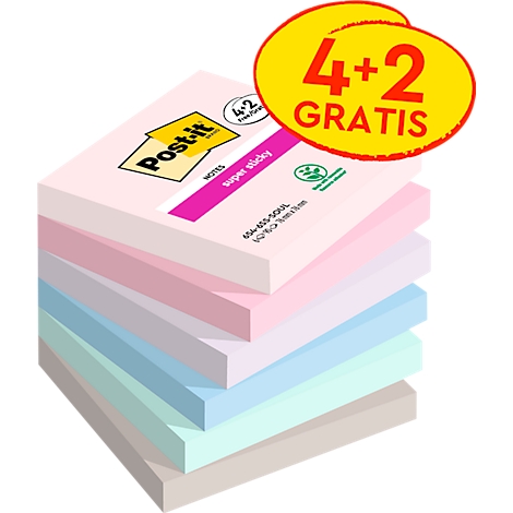 Une pile de Post-it de différentes couleurs pastel. Haut: offre "4+2 gratuit".