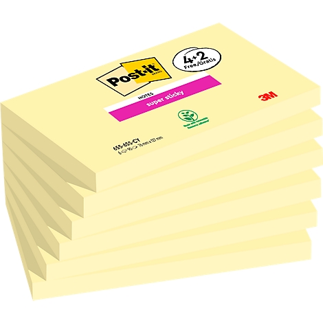 Une pile de Post-it jaunes avec l'inscription "Super Sticky" et le logo Post-it.