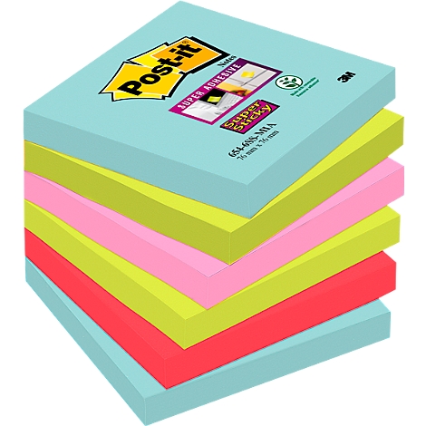 Stack of colorful Post-it notes. Blue, green, pink, red, and yellow.