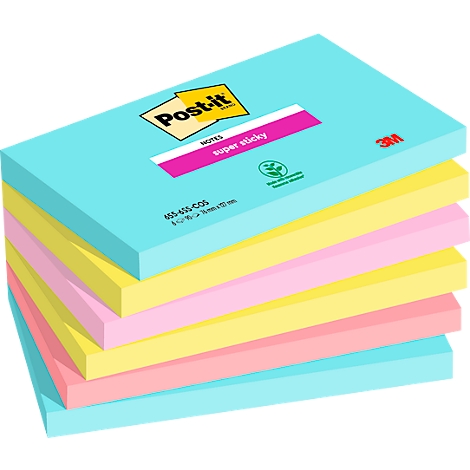 A stack of colorful Post-it notes. Top blue, then yellow and pink.