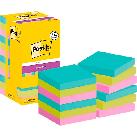 Un paquet de blocs-notes Post-it jaunes et plusieurs piles de notes autocollantes colorées sur fond blanc.