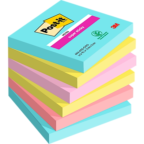 Une pile de Post-it multicolores, bleu clair, jaune et rose, avec le logo Post-it.
