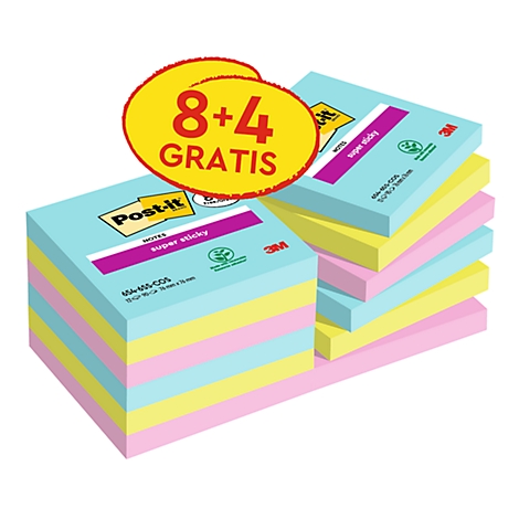 Bloc-notes Post-it multicolores avec la promotion "8+4 gratuits".