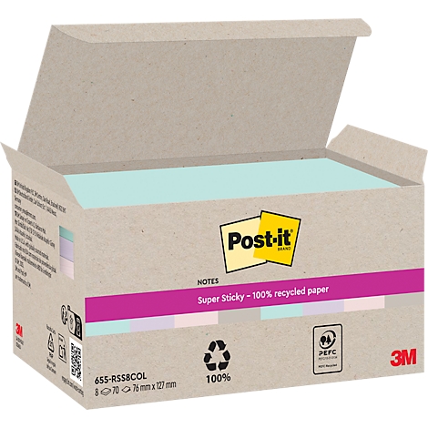 Eine Schachtel mit Post-it-Haftnotizen. Der Deckel ist geöffnet, so dass man die türkisfarbenen Zettel sieht. Auf der Schachtel steht „Post-it“ und „Super Sticky - 100% recycled paper“.