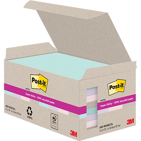 Geöffnete Post-it-Box. Oben steht der Post-it-Schriftzug. Auf der linken Seite befindet sich der Schriftzug: 655-RSS8COL.