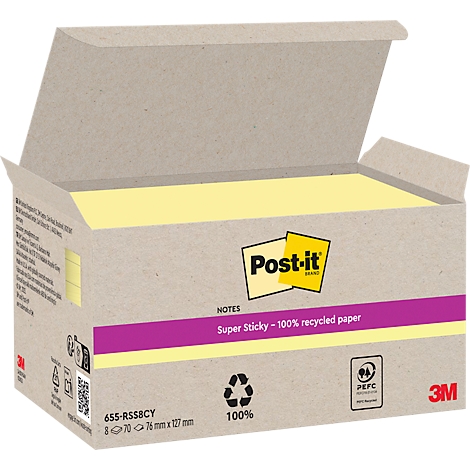 Bloc-notes Post-it jaunes dans un emballage en carton avec l'inscription "Super Sticky".