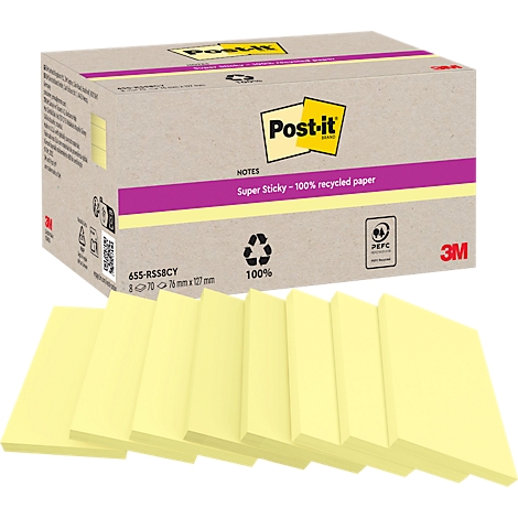 Geelgele Post-it notes en een doos. Gedrukte logo's en tekst zoals 'Post-it' en 'Super Sticky'.
