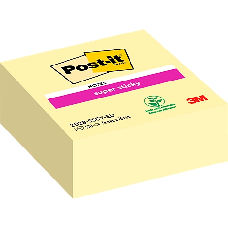 Hellgelber Post-it-Block mit pinkfarbener Markierung, Post-it-Logo, „super sticky“-Schriftzug und 3M-Logo.
