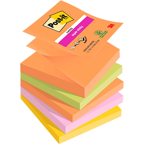 Une pile de Post-it de différentes couleurs. En haut, une note avec 'Post-it' et 'super sticky'.
