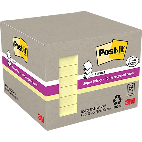 Grauer Karton mit Post-it-Zetteln, gelb, "Super Sticky - 100% recycled paper".