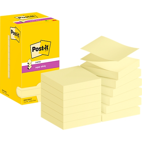 Bloc-notes Post-it jaunes et emballage. L'emballage indique Post-it et Super Sticky.
