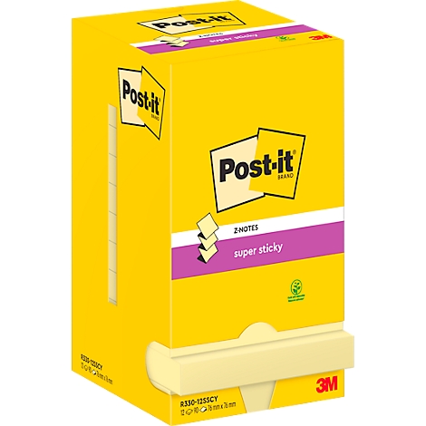 Distributeur de Post-it jaune. Impression : Post-it, Z-NOTES, super collant, 3M. Post-it retirés.