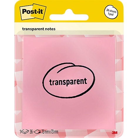 Lichtroze Post-it plaknotities in verpakking. Gedrukte tekst 'transparent'. Geel karton met productlogo en informatie.