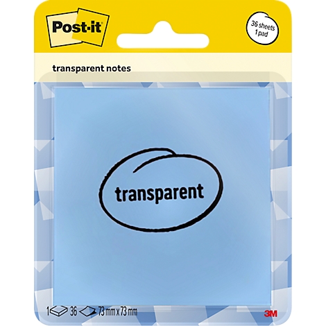 Hellblaues Post-it mit Schriftzug "transparent" in schwarzer ovaler Form. Verpackung mit 36 Blatt.