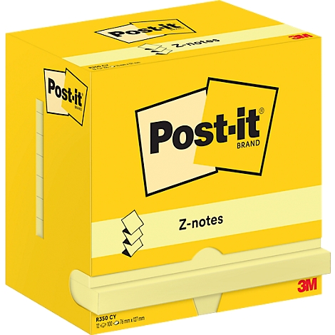 Bloc-notes Post-it Z jaunes. Imprimé avec 'Post-it Brand' et 'Z-notes'. Une zone de sortie pour les notes sur le bord.