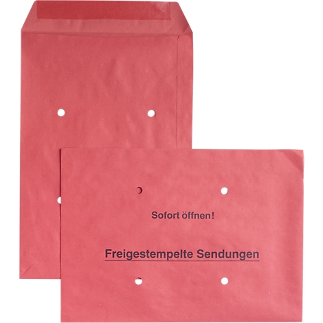 Red shipping bags, one open, the other closed. On the open bag it says: Free stamped shipments. With perforations.