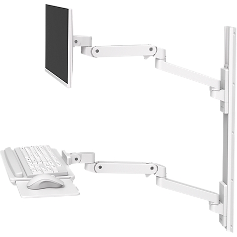 Support mural blanc pour moniteur et clavier. Le moniteur et le clavier sont fixés à des bras articulés montés sur un mur.