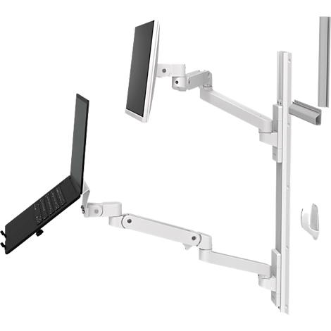 Support blanc pour moniteur et ordinateur portable avec plusieurs bras articulés. L'ordinateur portable est ouvert.