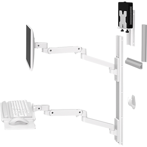 Configuration de bureau blanche, réglable en hauteur, avec moniteur, clavier et souris, montés sur un mur.