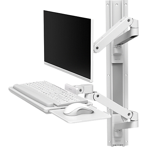 Système de poste de travail ergonomique blanc avec écran, clavier, souris et fixation murale. Tout est blanc.