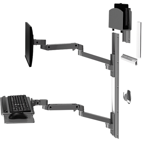 Support mural gris pour moniteur et clavier. Le moniteur et le clavier sont fixés avec des supports à bras.
