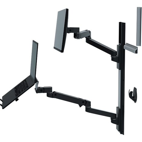 Support de moniteur noir avec un ordinateur portable et un moniteur fixés à un mur.