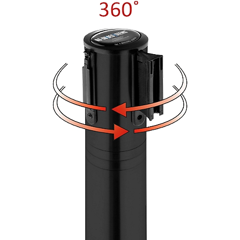 Poste de barrera negro con elementos giratorios de 360°. Flechas rojas indican la rotación.