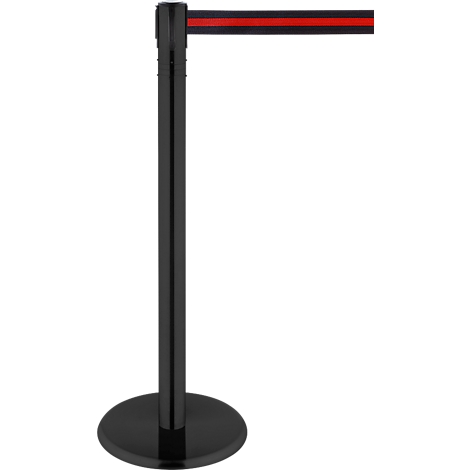 Bolardo negro con cinta retráctil roja. El bolardo tiene una base redonda y está contra un fondo blanco.