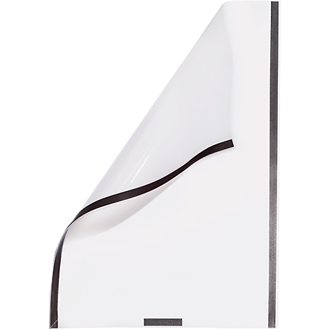 A white sheet with a corner folded up. Black stripes adorn the edges and the bottom.