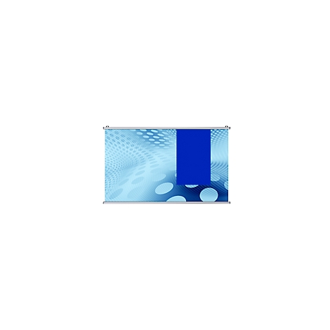 Roll-up display with blue background, partially obscured by a blue rectangle.