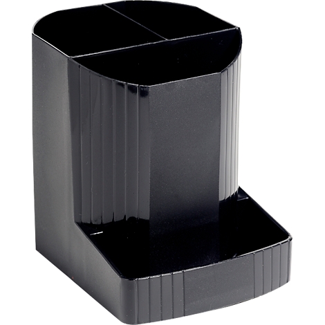 Porte-stylo noir avec trois compartiments et un petit plateau de rangement rectangulaire.