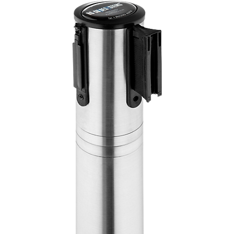 Poteau en acier inoxydable avec dessus noir, enrouleur de ceinture et raccord de ceinture.